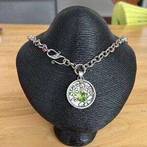 Silver Necklace Floral & Green Crystal Pendant  & Crystal Flower 70's Vibe